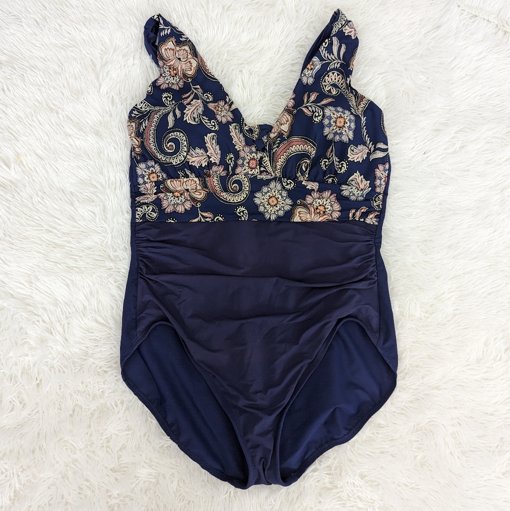 Lands' End Navy Floral One Piece Swimsuit